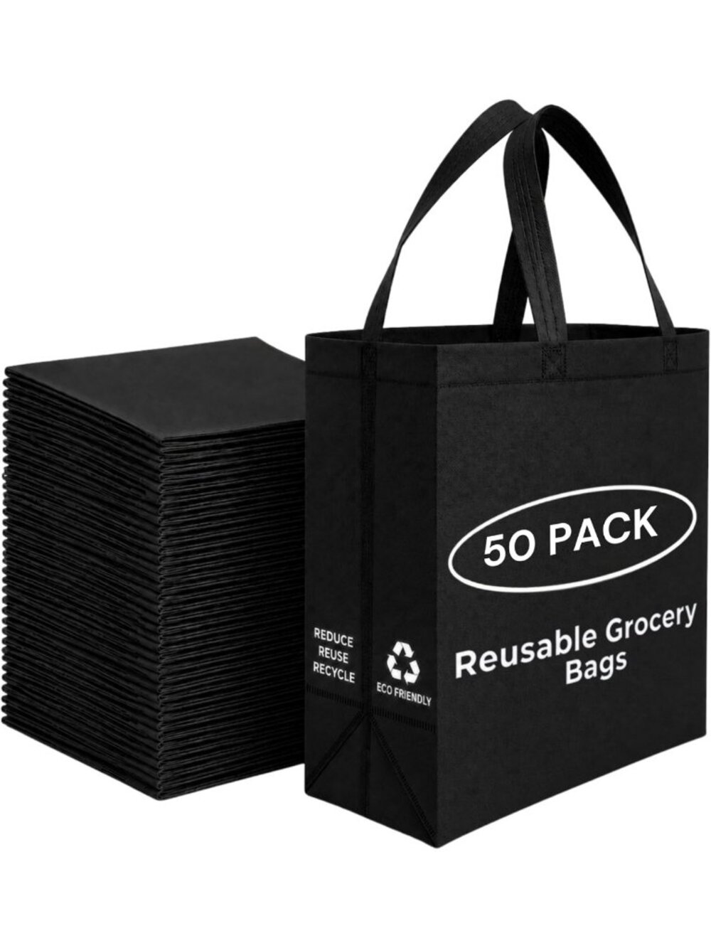 50 Pack Reusable Large Tote Bags - Eco-Friendly Grocery Bags in Black